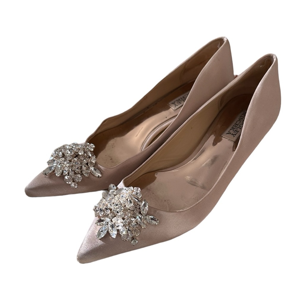 Badgley Mischka Satin Crystal Bridal Wedding Shoes Ivory Kitten Heels Point 8.5